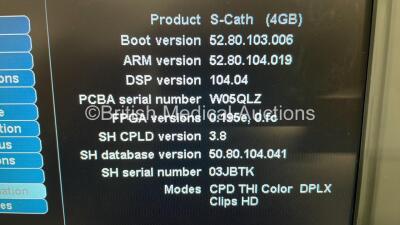 SonoSite S-Cath Ultrasound Scanner Ref. P09417-37 Boot Version 52.80.103.006 Arm Version 52.80.103.019 *Mfd 04-2010* with 1 x Transducer / Probe (SonoSite C60x/5-2 MHz Ref. P07680-21 *Mfd 2010-04) on SonoSite S Series Stand (Powers Up) *SN 03J5LF* - 8