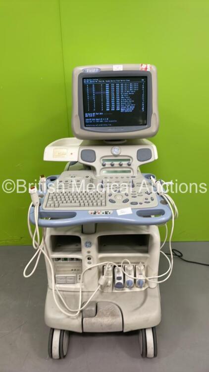 GE Vivid 7 Ultrasound Scanner *S/N 5330V7* **Mfd 01/2004** with 4 x Transducers / Probes (M5S-D Ref GE-3MIX *Mfd 2009* / 3S *Mfd 01/2007* / 8C *Mfd 2013* and 8C *Mfd 2010*) (Powers Up - HDD Removed)