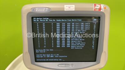 GE Vivid 7 Ultrasound Scanner *S/N 5330V7* **Mfd 01/2004** with 4 x Transducers / Probes (M5S-D Ref GE-3MIX *Mfd 2009* / 3S *Mfd 01/2007* / 8C *Mfd 2013* and 8C *Mfd 2010*) (Powers Up - HDD Removed) - 3