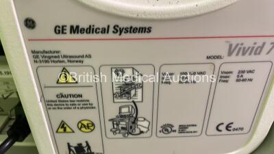 GE Vivid 7 Ultrasound Scanner *S/N 5330V7* **Mfd 01/2004** with 4 x Transducers / Probes (M5S-D Ref GE-3MIX *Mfd 2009* / 3S *Mfd 01/2007* / 8C *Mfd 2013* and 8C *Mfd 2010*) (Powers Up - HDD Removed) - 12