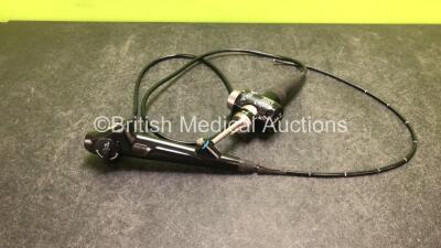 Olympus BF-P180 Video Bronchoscope in Case - Engineer's Report : Optical System - Unable to Check, Angulation - Strained, Insertion Tube - Grip Split and Crush Marks Present, Light Transmission - No Fault Found, Channels - Catching, Leak Check - Leak at B - 2