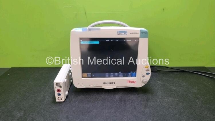 Philips IntelliVue MP50 Patient Monitor (Powers Up, Damage to Casing - See Photo) with 1 x M3001A Opt A01 Module Including ECG, SpO2, NBP, Press and Temp Options (Press and Temp Options Missing - See Photo) *SN DE9077Y9648 / DE82087432*