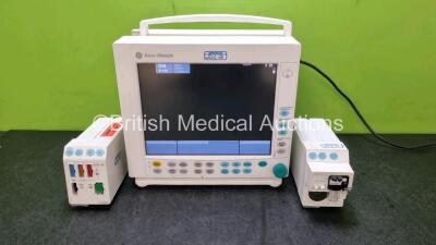 GE Datex Ohmeda F-CM1-04 Anaesthesia Monitor Including (Powers Up)) 1 x E-PRESTN-00 Module with ECG, SpO2, NIBP, T1, T2, P1 and P2 Options and 1 x GE Gas Module Type E-CAi0V-00 with Spirometry Options and D-Fend Water Trap *SN 6231824 / 6497640 / 6638156*