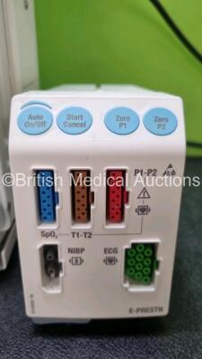 GE Datex Ohmeda F-CM1-04 Anaesthesia Monitor Including (Powers Up) 1 x E-PRESTN-00 Module with ECG, SpO2, NIBP, T1, T2, P1 and P2 Options and 1 x GE Gas Module Type E-CAi0V-00 with Spirometry Options and D-Fend Water Trap *SN 6379368 / 6133955 / 64443172* - 3