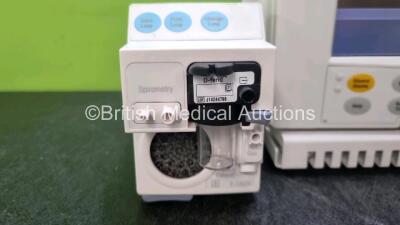 GE Datex Ohmeda F-CM1-04 Anaesthesia Monitor Including (Powers Up) 1 x E-PRESTN-00 Module with ECG, SpO2, NIBP, T1, T2, P1 and P2 Options and 1 x GE Gas Module Type E-CAi0V-00 with Spirometry Options and D-Fend Water Trap *SN 6379368 / 6133955 / 64443172* - 4