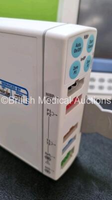 2 x GE Datex Ohmeda FM Patient Monitors (Both Power Up 1 x Missing Light Cover - See Photo) with 2 x GE E-PSMP-00 Modules Including ECG, SpO2, NIBP, T1, T2, P1 and P2 Options *SN 6373064 / 6373105 / 6383803 / 6383804* - 6