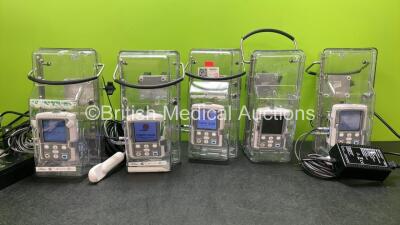 5 x Smiths Medical CADD Solis 2110 Infusion Pumps with 3 x Triggers and 4 x AC Power Supplies (All Power Up, 3 with Maintenance Messages-See Photos) *SN 20105500902, 20105500900, FS0268068, 20105500906, 20105500503*