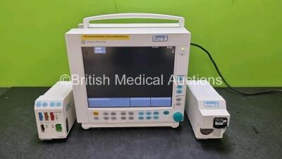 GE Datex Ohmeda F-CM1-04 Anaesthesia Monitor Including (Powers Up)) 1 x E-PRESTN-00 Module with ECG, SpO2, NIBP, T1, T2, P1 and P2 Options and 1 x GE Gas Module Type E-CAi0V-00 with Spirometry Options and D-Fend Water Trap *SN 6133958 / 6115712 / 6597810*