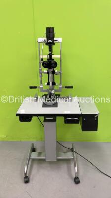 Haag Streit Bern SL900 Slit Lamp with Binoculars, 2 x 10x Eyepieces, 2 x 16x Eyepieces and Chin Rest on Hydraulic Table (Powers Up with Good Bulb - Damage to Wheels -See Pictures) *S/N 90040749*