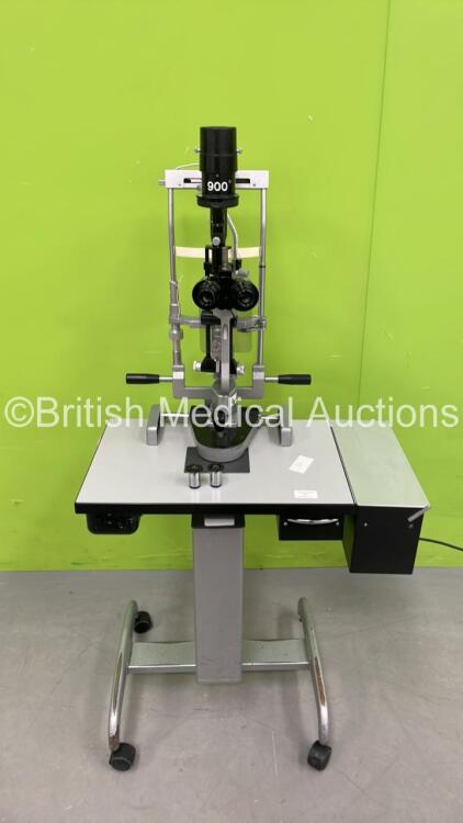 Haag Streit Bern SL900 Slit Lamp with Binoculars, 2 x 10x Eyepieces, 2 x 16x Eyepieces and Chin Rest on Hydraulic Table (No Power - 1 x Wheel Missing from Table) *90040748*