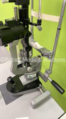 Haag Streit Bern SL900 Slit Lamp with Binoculars, 2 x 10x Eyepieces, 2 x 16x Eyepieces and Chin Rest on Hydraulic Table (No Power - 1 x Wheel Missing from Table) *90040748* - 9