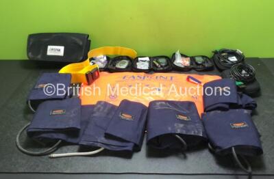 Job Lot Including 3 x Blood Glucose Meters in Cases, 1 x Hartwell Medical Fasplint Medium Splint, 6 x Acuson BP Cuffs, 2 x Physio Control 3204273-007 Defibrillator ECG Cables in Cases and 1 x Lifepak Defibrillator Case