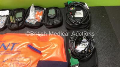 Job Lot Including 3 x Blood Glucose Meters in Cases, 1 x Hartwell Medical Fasplint Medium Splint, 6 x Acuson BP Cuffs, 2 x Physio Control 3204273-007 Defibrillator ECG Cables in Cases and 1 x Lifepak Defibrillator Case - 6