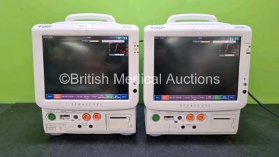 2 x Fukuda Denshi Dynascope DS-7200 Patient Monitors Including ECG, SpO2, C02, NIBP, BP1, BP2, T1, T2 and Printer Options (Both Power Up) *SN 50000257 / 50000164*