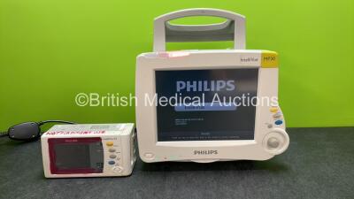 Philips IntelliVue MP30 Patient Monitor with 1 x Philips IntelliVue X2 Handheld Patient Monitor Including ECG, SpO2, NBP, Press and Temp Options and 1 x Philips M4607A Battery (Both Power Up Handheld Monitor with Missing Battery Cover and Marker Pen Marks