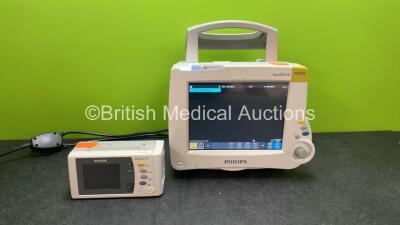 Philips IntelliVue MP30 Patient Monitor with 1 x Philips IntelliVue X2 Handheld Patient Monitor Including ECG, SpO2, NBP, Press and Temp Options and 1 x Philips M4607A Battery (Both Power -See Photos) *SN DE73607320, DE72859191*