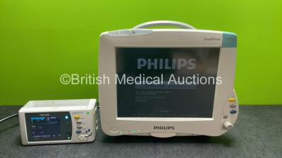 Philips IntelliVue MP50 Patient Monitor with 1 x Philips IntelliVue X2 Handheld Patient Monitor Including ECG, SpO2, NBP, Press and Temp Options and 1 x Philips M4607A Battery (Both Power Up) *SN DE83621214, DE82064780*