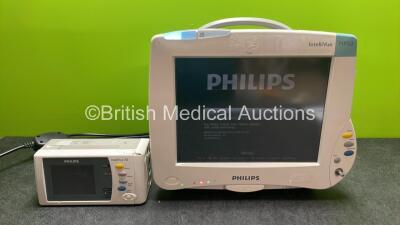 Philips IntelliVue MP50 Patient Monitor with 1 x Philips IntelliVue X2 Handheld Patient Monitor Including ECG, SpO2, NBP, Press and Temp Options and 1 x Philips M4607A Battery (Both Power Up with Damage-See Photos) *SN DE82072229, DE73607601*