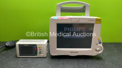 Philips IntelliVue MP30 Patient Monitor with 1 x Philips IntelliVue X2 Handheld Patient Monitor Including ECG, SpO2, NBP, Press and Temp Options and 1 x Philips M4607A Battery (Both Power Up with Damage-See Photos) *SN DE03766827, DE72859205*