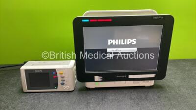 1 x Philips IntelliVue MX450 Patient Monitor (Powers Up) with 1 x Philips IntelliVue X2 Handheld Patient Monitor Including ECG, SpO2, NBP, Press and Temp Options and 1 x Philips M4607A Battery (Powers Up with Damage-See Photo) *SN DE35105323, DE83621828*