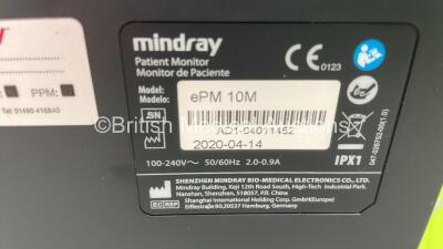 Mindray ePM 10M Patient Monitor on Stand with T1, T2, SPO2,NIBP and ECG Options and IBP Module on Stand (Powers Up) *S/N AD1-04011462** **Mfd 2020** - 3