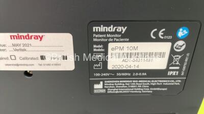 Mindray ePM 10M Patient Monitor on Stand with T1, T2, SPO2,NIBP and ECG Options, IBP Module and CO2-3 Gas Module on Stand (Powers Up) *S/N AD1-04011461** **Mfd 2020** - 4