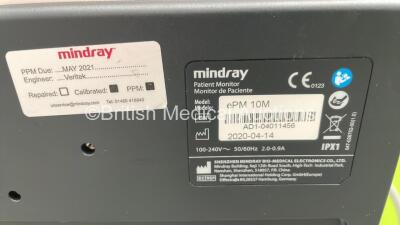 Mindray ePM 10M Patient Monitor on Stand with T1, T2, SPO2,NIBP and ECG Options, IBP Module and CO2-3 Gas Module on Stand (Powers Up) *S/N AD1-04011456* **Mfd 2020** - 3