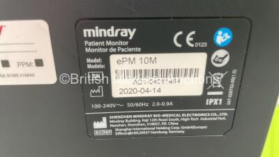 Mindray ePM 10M Patient Monitor on Stand with T1, T2, SPO2,NIBP and ECG Options, IBP Module and CO2-3 Gas Module on Stand (Powers Up) *S/N AD1-04011464* **Mfd 2020** - 4