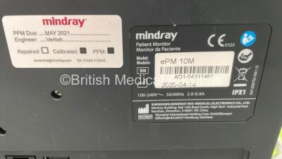 Mindray ePM 10M Patient Monitor on Stand with T1, T2, SPO2,NIBP and ECG Options, IBP Module and CO2-3 Gas Module on Stand (Powers Up) *S/N AD1-04011451* **Mfd 2020** - 4