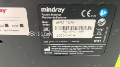 Mindray ePM 10M Patient Monitor on Stand with T1, T2, SPO2,NIBP and ECG Options, IBP Module and CO2-3 Gas Module on Stand (Powers Up) *S/NAD1-04011450 * **Mfd 2020** - 3