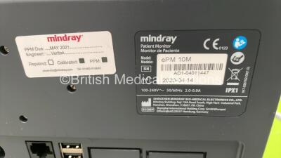 Mindray ePM 10M Patient Monitor on Stand with T1, T2, SPO2,NIBP and ECG Options, IBP Module and CO2-3 Gas Module on Stand (Powers Up) *S/N AD1-04011447* **Mfd 2020** - 3