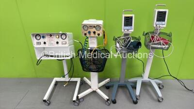 2 x Datascope Duo Vital Signs Monitors on Stands with BP Hoses and Cuffs (Both Power Up) and 2 x Oak Medical Tourniquets on Stands with Hoses