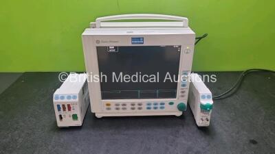 Job Lot Including 1 x GE Datex Ohmeda F-CM1-04 Anaesthesia Monitor (Powers Up, Slight Cracks In Casing - See Photos) with 1 x GE Type E-sCAiOV Module with Spirometry Option and D-fend Pro+ Water Trap *Mfd 2015* and 1 x E-PRESTN-00 Module with ECG, SpO2, N