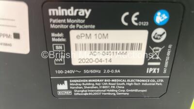 Mindray ePM 10M Patient Monitor on Stand with T1, T2, SPO2,NIBP and ECG Options on Stand (Powers Up) *S/N AD1-04011444* **Mfd 2020** - 4