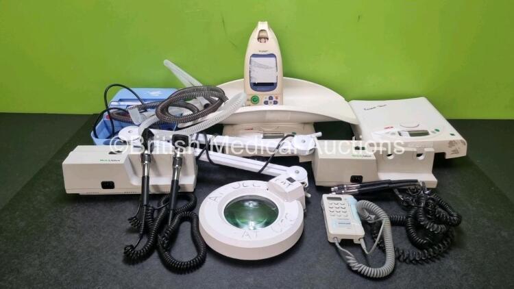 Mixed Lot Including 1 x Fukuda Denshi PeliTelemo Patient Monitor, 2 x Welch Allyn 767 Series Wall Mounted Otoscopes with 4 x Handles. 1 x Operating Theatre Light, 1 x Huntleigh Sonicaid FD1 Dopplex Doppler, 1 x Clement Clarke AC200 Nebulizer with Breathin