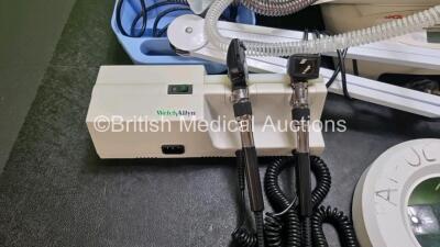 Mixed Lot Including 1 x Fukuda Denshi PeliTelemo Patient Monitor, 2 x Welch Allyn 767 Series Wall Mounted Otoscopes with 4 x Handles. 1 x Operating Theatre Light, 1 x Huntleigh Sonicaid FD1 Dopplex Doppler, 1 x Clement Clarke AC200 Nebulizer with Breathin - 2