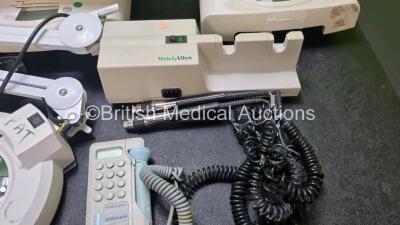 Mixed Lot Including 1 x Fukuda Denshi PeliTelemo Patient Monitor, 2 x Welch Allyn 767 Series Wall Mounted Otoscopes with 4 x Handles. 1 x Operating Theatre Light, 1 x Huntleigh Sonicaid FD1 Dopplex Doppler, 1 x Clement Clarke AC200 Nebulizer with Breathin - 4