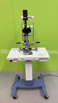 Haag Streit Bern SL 900 Slit Lamp with Binoculars and Chin Rest on Motorized Table (Unable to Power Test Due to Incorrect Power Supply - See Pictures)