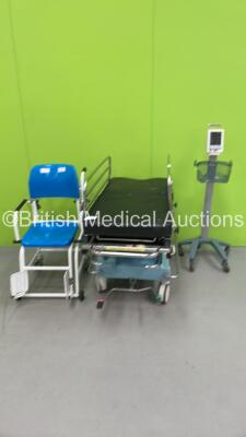 1 x Marsden Wheelchair Weighing Scales, 1 x Anetic Aid QA2 Hydraulic Patient Couch with Cushions (Incomplete - See Pictures) and 1 x Datascope Duo Patient Monitor on Stand (Powers Up)