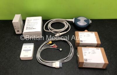 Mixed Lot Including 11 x Drager Spirolog Flow Sensors *Mfd 2020* (Unused) 1 x Mindray TEL-100 Telemetry Transmitter with 5 Lead ECG Lead, 1 x Philips M1014A Spiro Module, 1 x Covidien Valleylab Active Adapter *Mfd 2022* (Unused) and 1 x Covidien BIS LoC 4