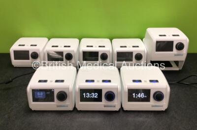 8 x DeVilbiss Blue Auto Plus CPAP Units with 1 x Heated Humidifier and 8 x Power Supplies (All Power Up, 1 x Missing Badge - See Photos)