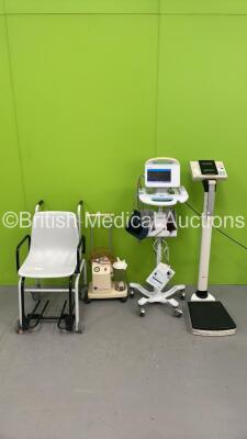 Mixed Lot Including Seca Stand on Scales, 1 x Welch Allyn 6000 Series Vital Signs Monitor on Stand (Powers Up), 1 x Therapy Equipment Ltd Suction Pump (Powers Up) and 1 x Seca Wheelchair Weighing Scales (Damaged)