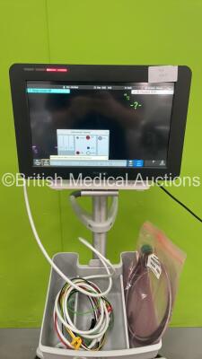 Philips MX550 Patient Monitor on Stand with Philips 867041 CO2 Module with Microstream Option, Philips 867036 Multiparameter Module with Temp, Press, SPO2, NBP and ECG/Resp Options, SPO2 Finger Sensor and 3 Lead ECG Leads (Powers Up) *S/N DE69530860 / DE6 - 3