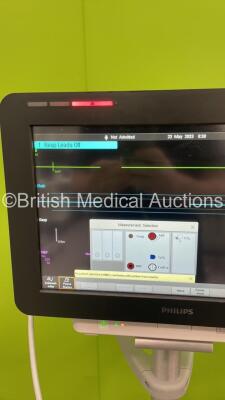 Philips MX550 Patient Monitor on Stand with Philips 867041 CO2 Module with Microstream Option, Philips 867036 Multiparameter Module with Temp, Press, SPO2, NBP and ECG/Resp Options, SPO2 Finger Sensor and 3 Lead ECG Leads (Powers Up) *S/N DE69530860 / DE6 - 4