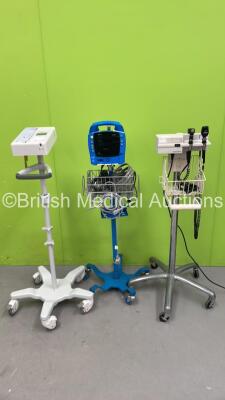 1 x GE Dinamap ProCare Auscultatory 300 Vital Signs Monitor on Stand with Leads, 1 x Mortara ELI 230 ECG Machine on Stand and 1 x Welch Allyn Otoscope / Ophthalmoscope Set on Stand with 2 x Handpieces and 2 x Heads (All Power Up)