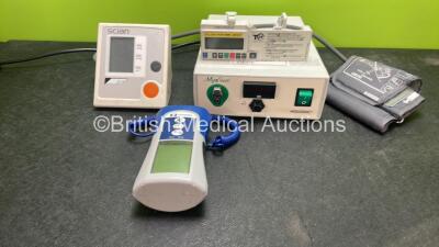 Mixed Lot Including 1 x CME Medical T34 Ambulatory Syringe Pump (Powers Up) 1 x 1 x My Sure REF RM 10 550 Hologic Tissue Removal System (Powers Up) 1 x Scian Digital BP Meter (Untested Due to Missing Batteries) 1 x Covidien Filac ADA Thermometer (Unteste