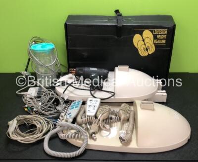 Mixed Lot Including 1 x Serres Cup, 1 x Leicester Height Measure Device in Case, 1 x Seca Height Measure Device, 2 x 10 Lead ECG Leads, 3 x Bed Controllers and 1 x Hot Air Gun