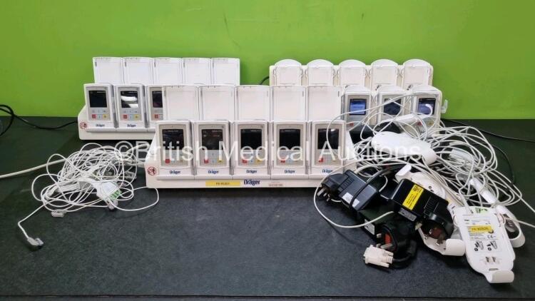 Job Lot Including 3 x Drager Infinity M300 Central Charger Unit (All Power Up) with 15 x Drager Infinity M300 Patient Telemetry Monitors 2 x Power Up) 10 x Drager MS29558 Bedside Chargers and 2x 3 Lead ECG Leads *SN C1560570049 / C17D0490074 / 20144*