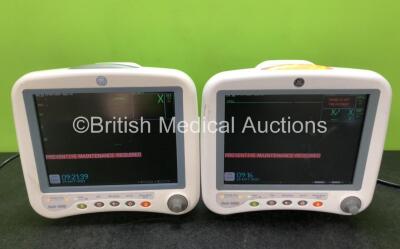 2 x GE Dash 4000 Patient Monitors Including ECG, NBP, CO2, BP1, BP2, SpO2 and Temp/Co Options (Both Power Up with Maintenance Required, 1 x Scratched Screen, 1 x Damaged Handle - See Photos) *SN SBG05429606GA / SD011153999SA*