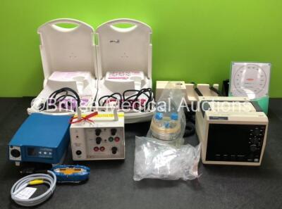 Mixed Lot Including 2 x Kitett Breast Pumps, 1 x Welch Allyn 767 Series Transformer (Damage to Cable - See Photos) 1 x Accoson Greenlight BP Meter, 1 x Graseby 304 Cardiac Monitor, 1 x Inspired Medical Filter, 1 x APC Medical Bedside Monitor and 1 x enFlo